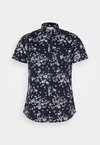 Camicia navy a maniche corte con motivo floreale bianco, colletto button-down, taschino frontale e bottone di accentuazione arancione.