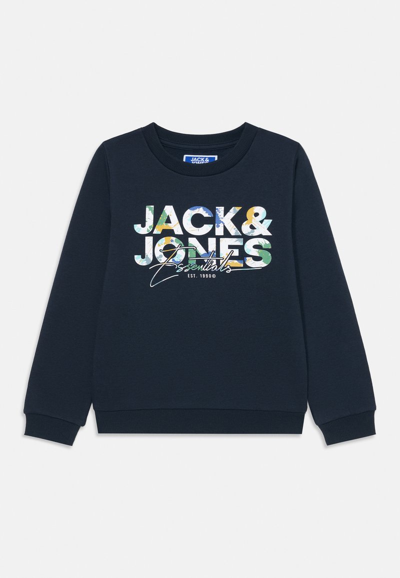 Námořnická modrá mikina s žebrovaným výstřihem a manžetami. Na přední straně se nachází barevné grafické logo "JACK & JONES Essentials".