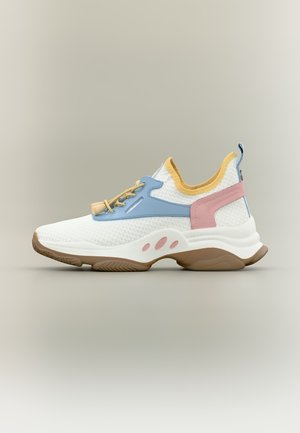 White sports shoe with blue and pink accents, yellow inner lining, beige laces, and a brown sole against a neutral background.