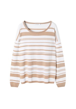 Maglione a righe beige e bianco con maniche lunghe e scollatura ampia. Tessuto a maglia con larghezze di righe variabili sul corpo.