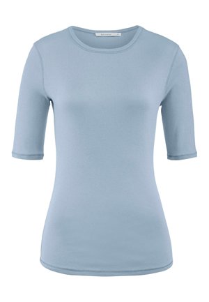 Lichtblauw, T-shirt met korte mouwen gemaakt van een gladde, elastische stof. Heeft een ronde halslijn en subtiele naaddetails rond de mouwen.