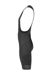 Black cycling bib shorts made of stretchy fabric, featuring a one-piece design, contrasting textured straps, and strategically placed stitching and panels.