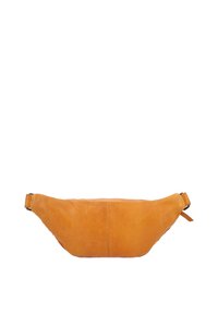 Light brown leather waist bag with a zipper and adjustable strap, shown from the front on a white background.