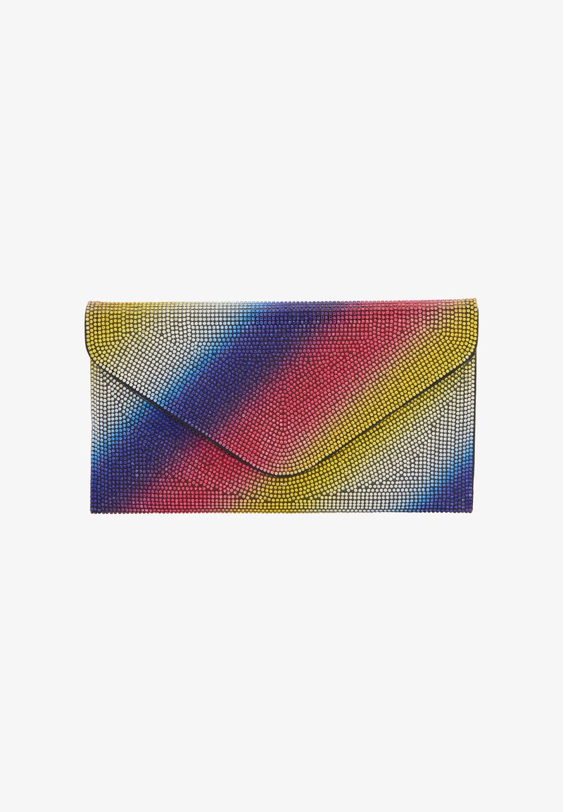 Pailletten clutch in een gradient van rood, blauw, geel en zwart. Rechthoekige vorm met een flapafsluiting en een getextureerd oppervlak.