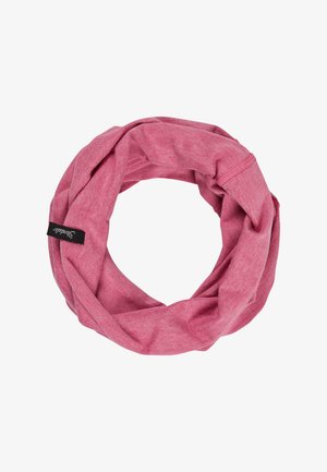 Runder pinkfarbener Schal aus weichem, dehnbarem Stoff. Verfügt über eine glatte Textur und ein gedrehtes Design, mit einem kleinen schwarzen Etikett als Akzent.