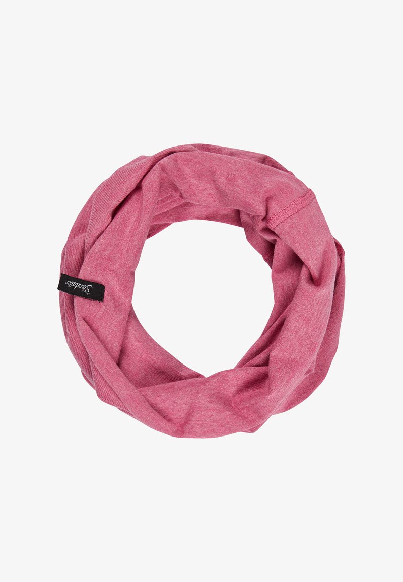 Sciarpa circolare rosa realizzata in un morbido e elasticizzato tessuto. Presenta una texture liscia e un design attorcigliato, con un piccolo etichetta nera come accento.