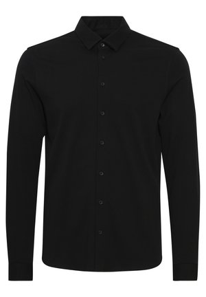 Black long-sleeve button-up shirt with a classic collar, made of smooth fabric, featuring a front button closure and fitted cuffs.