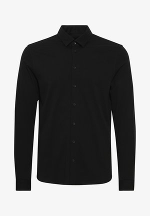 Camisa negra de manga larga abotonada con cuello clásico, hecha de una tela suave, que cuenta con un cierre frontal de botones y puños ajustados.