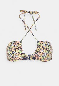 Floral bikini-top met verstelbare bandjes, met een marineblauwe achtergrond, levendige oranje, gele en groene bloemen, en een achterste sluiting.