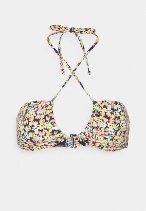 Blommönstrad bikiniöverdel med justerbara axelband, med en marinblå bakgrund och färgstarka orange, gula och gröna blommor, samt en bakre spänne.
