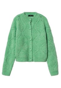 Zelený pletený cardigan s texturovanými diamantovými vzory, dlouhými rukávy, kulatým výstřihem a knoflíky potaženými látkou po celé délce vpředu.