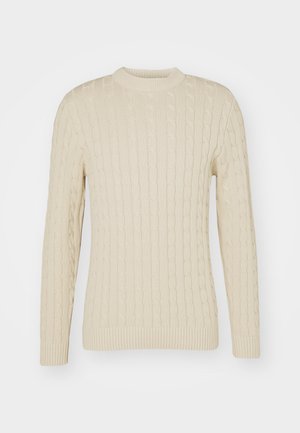 Sweater em malha de cable na cor creme claro. Apresenta decote redondo, mangas longas, punhos e bainha canelados, com um padrão de superfície texturizada.