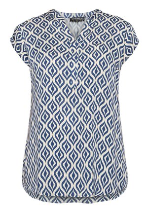Rövid ujjú blúz kék-fehér geometrikus gyémántmintával, V-nyak kivágással, háromgombos elülső rész, és ívelt alsó szegéllyel.