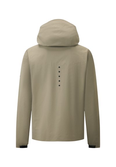 Beige lightweight jacket featuring a hood, long sleeves, and a row of black buttons along the back for ventilation.