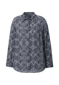 Lange mouw button-up shirt met een zwart en grijs patroon. Beschikt over een kraag en een afgeronde zoom, gemaakt van lichtgewicht stof.