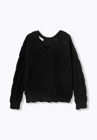 Pull en tricot noir avec un col en V, présentant un motif géométrique texturé et des manches amples. Comprend un ourlet et des poignets côtelés.