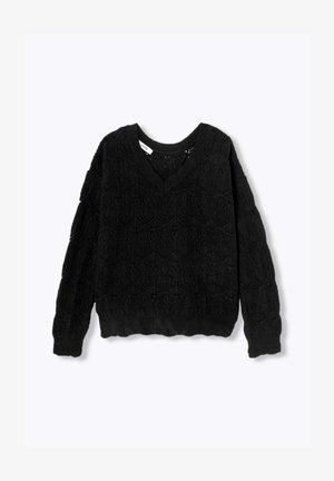 Pull en tricot noir avec un col en V, présentant un motif géométrique texturé et des manches amples. Comprend un ourlet et des poignets côtelés.