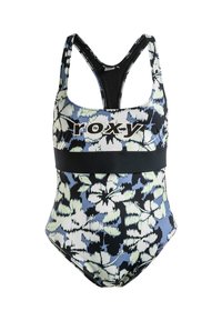 Maillot de bain une pièce avec un motif floral bleu, noir et vert, doté d'une bande noire et du logo Roxy à l'avant. Design dos nageur.