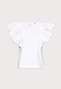 Camiseta blanca con mangas cortas con volantes, escote redondo y cierre en forma de llave en la parte posterior. Fabricada con una tela suave y de textura lisa.