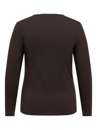 Chemise marron foncé unie à manches longues avec un col rond, vue de dos sur fond blanc.