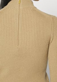Jersey de cuello alto acanalado en beige, con una costura vertical en la parte trasera y un sutil detalle de cremallera dorada en el cuello.