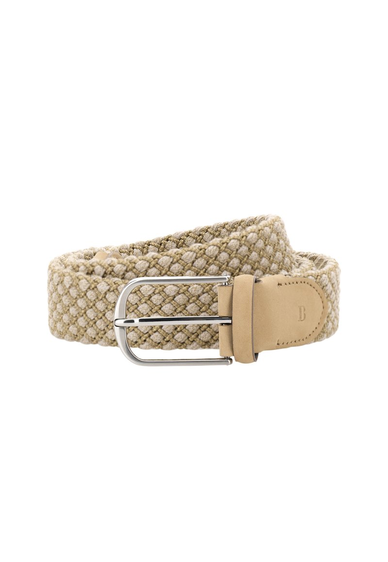 Vävd beige bälte med ett strukturerat mönster, med en silvermetallspänne och en brun läderaccent i änden för stabilitet.