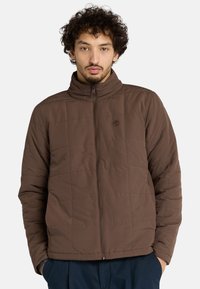 Giacca isolata marrone con colletto alto, design trapuntato e zip frontale. Presenta un piccolo logo sul petto.