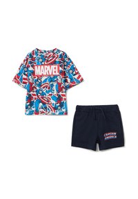 Marvel-themed two-piece outfit featuring a short-sleeve, multicolored graphic t-shirt and navy blue shorts with "Captain America" text.