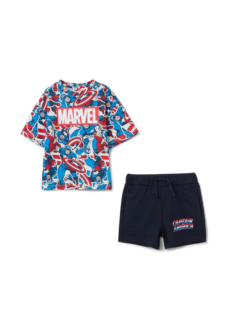 Marvel-themed two-piece outfit featuring a short-sleeve, multicolored graphic t-shirt and navy blue shorts with "Captain America" text.