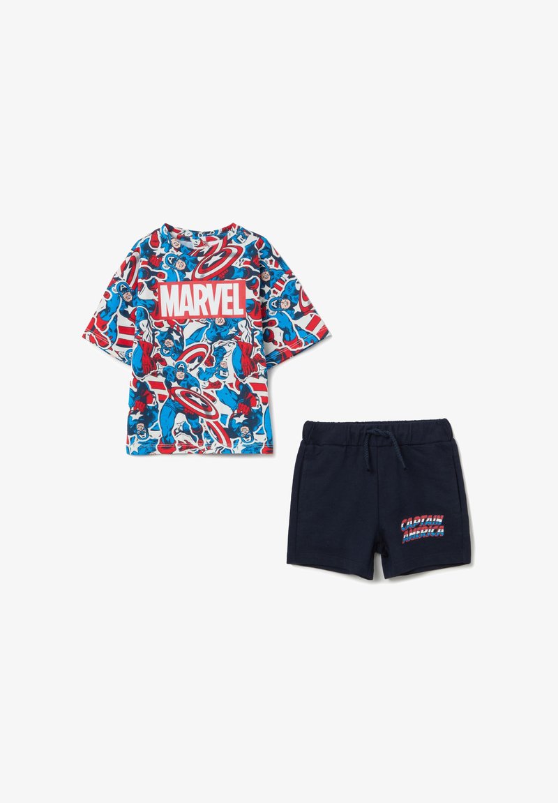 Marvel-themed two-piece outfit featuring a short-sleeve, multicolored graphic t-shirt and navy blue shorts with "Captain America" text.