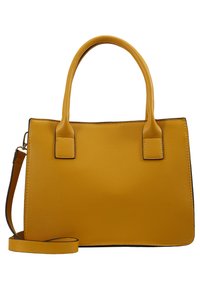 Borsa a mano gialla con superficie liscia e strutturata, doppio manico superiore e tracolla rimovibile, con dettagli neri.