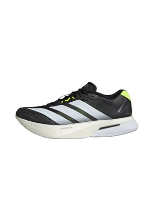 Schwarz-weißer Adidas Laufschuh mit drei weißen Streifen, heller Sohle, schwarzen Schnürsenkeln und neongelben Details an Ferse und Ösen.