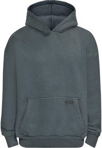 Pullover hoodie i mørkegrå, lavet af blødt stof. Har en forlommer, ribbede manchetter og hætte med snor. Glat tekstur.