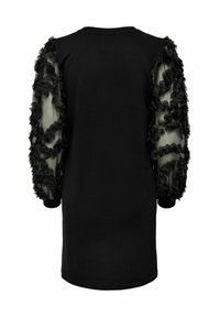 Black dress featuring sheer puff sleeves adorned with ruffled black fabric. Simple round neckline and straight hem. Soft texture overall.
