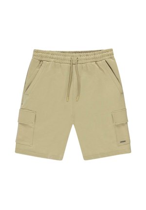 Beige cargoshorts van zacht stof, met een elastische tailleband met trekkoord, twee zijzakken en een cargozak op het linkerbeen.