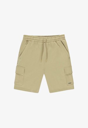Beige cargoshorts van zacht stof, met een elastische tailleband met trekkoord, twee zijzakken en een cargozak op het linkerbeen.