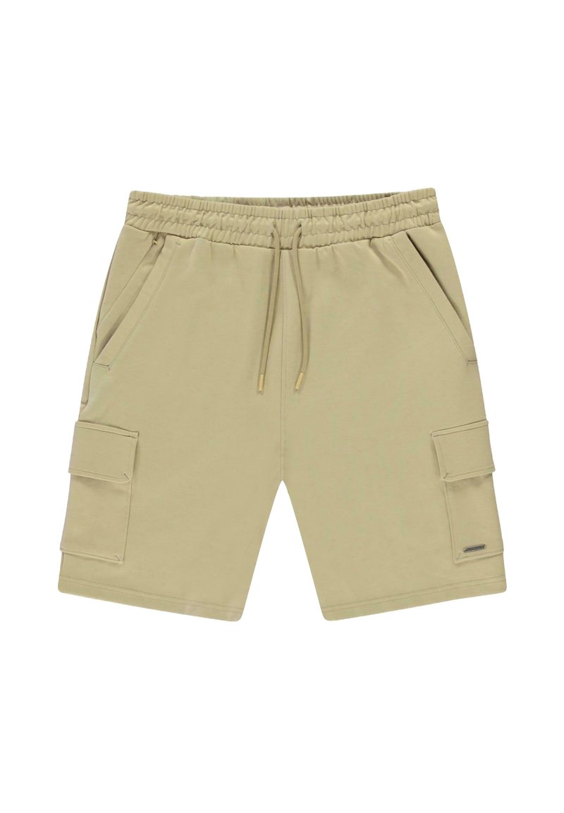 Beige cargoshorts van zacht stof, met een elastische tailleband met trekkoord, twee zijzakken en een cargozak op het linkerbeen.