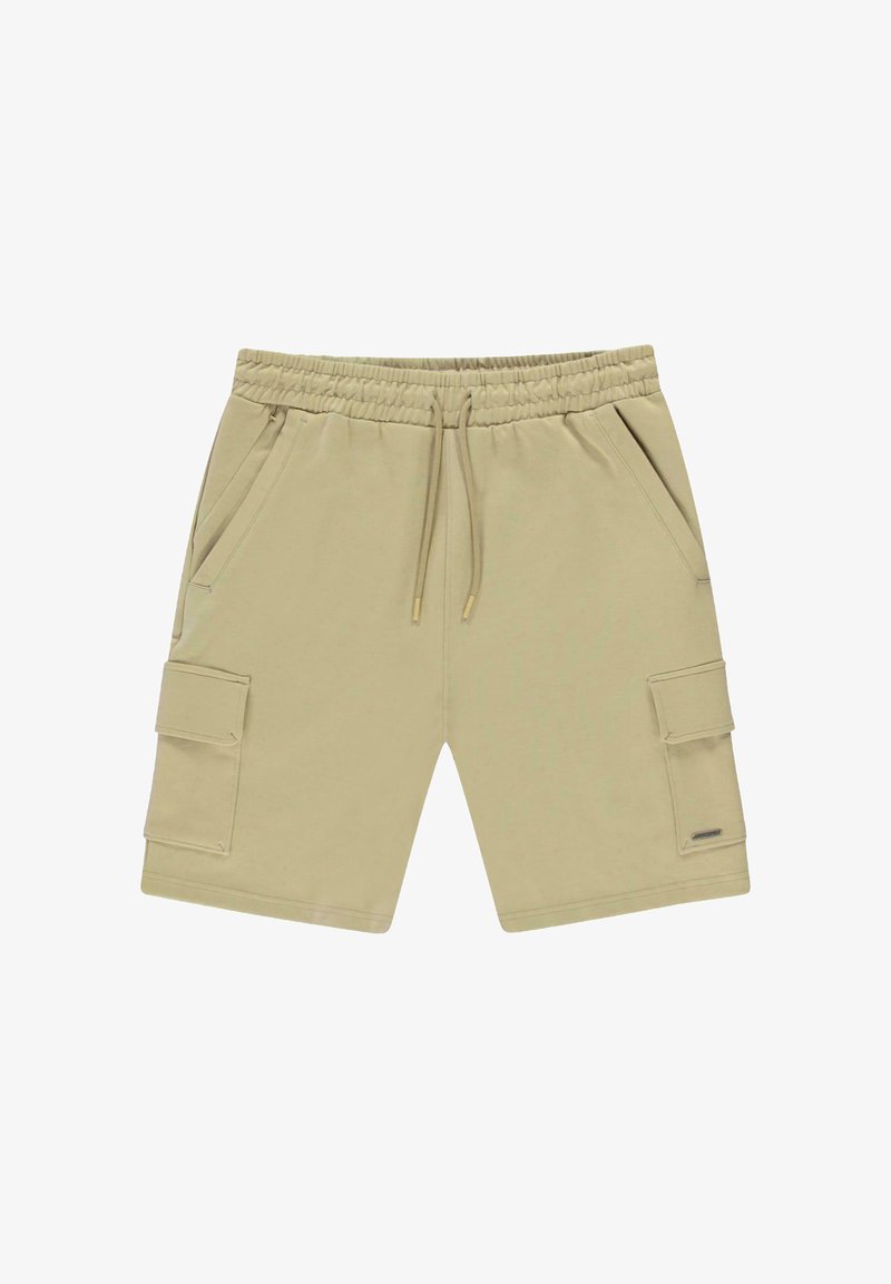 Beige cargoshorts van zacht stof, met een elastische tailleband met trekkoord, twee zijzakken en een cargozak op het linkerbeen.