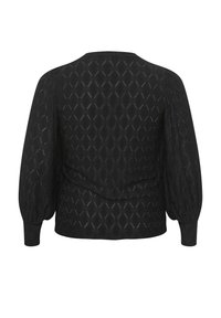 Blouse noire à manches longues avec tissu texturé à motifs losanges et poignets ajustés, vue de dos.