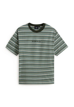 Striped short-sleeve t-shirt in green, blue, and orange hues. Features a black crew neck and "VANS" logo embroidered on the front center.