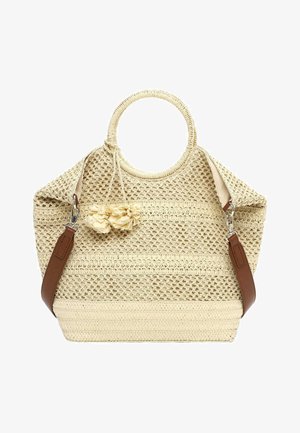 Sac cabas en paille tissée beige avec poignées rondes, bretelles d'épaule marron amovibles et deux décorations pompons fleurs suspendues.