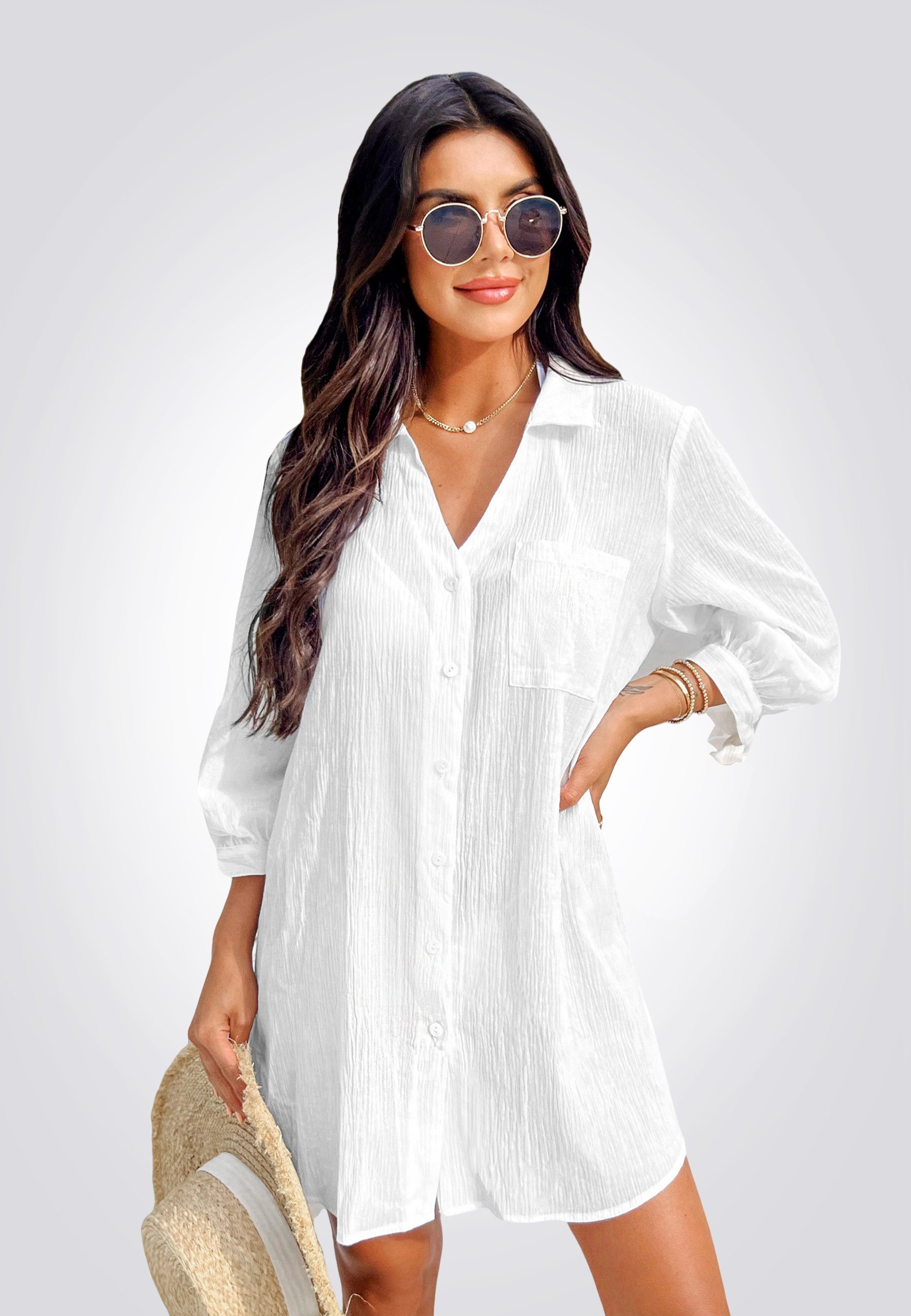 Camisón Vestido Camisero Blanco Con Chaleco Cupshe CHIC V NECK