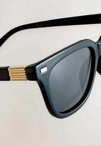 Sorte solbriller med rektangulære linser. Har guldfarvede hængselsdetaljer, skinnende stel og glat tekstur.