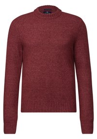 Pull en tricot rouge foncé avec un col rond et des poignets côtelés. Texture douce et design simple, idéal pour un style décontracté.