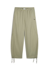 Pantaloni verde oliva chiaro realizzati in tessuto leggero, con una vita elasticizzata e polsini regolabili, impreziositi da un piccolo logo nero sul lato.