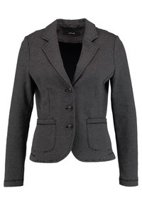 Černo-bílý pruhovaný blazer s klopovým límcem, třemi knoflíky, dvěma předními kapsami a přiléhavým střihem. Vyrobený z texturované látky.