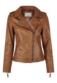 Braune Leder-Motorradjacke mit Reverskragen, asymmetrischem Reißverschluss, diagonalen Fronttaschen und Druckknopf-Schulterklappen.