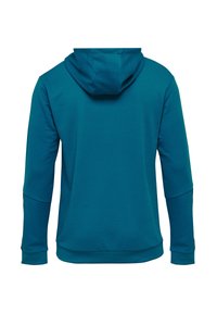 Teal hoodie met een textuurpatroon, verstelbare capuchon en lange mouwen. Heeft een omgeslagen zoom en is gemaakt van zachte stof.