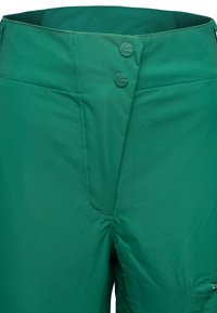 Pantaloni verdi con una texture liscia, dotati di due bottini in vita e una tasca laterale. Il design è funzionale e lineare.