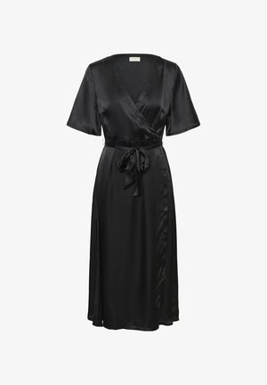 Fekete szatén köntösruha rövid ujjakkal, V-nyakkivágással, oldalt megkötős zárással és légies sziluettel. Simább textúrával és finom fényességgel.